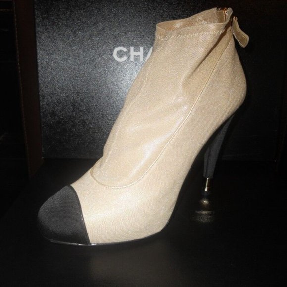 CHANEL Stretch Mesh Satin Ankle Bootie Boots Shoes CC Logo Heel - Picture 3 of 13